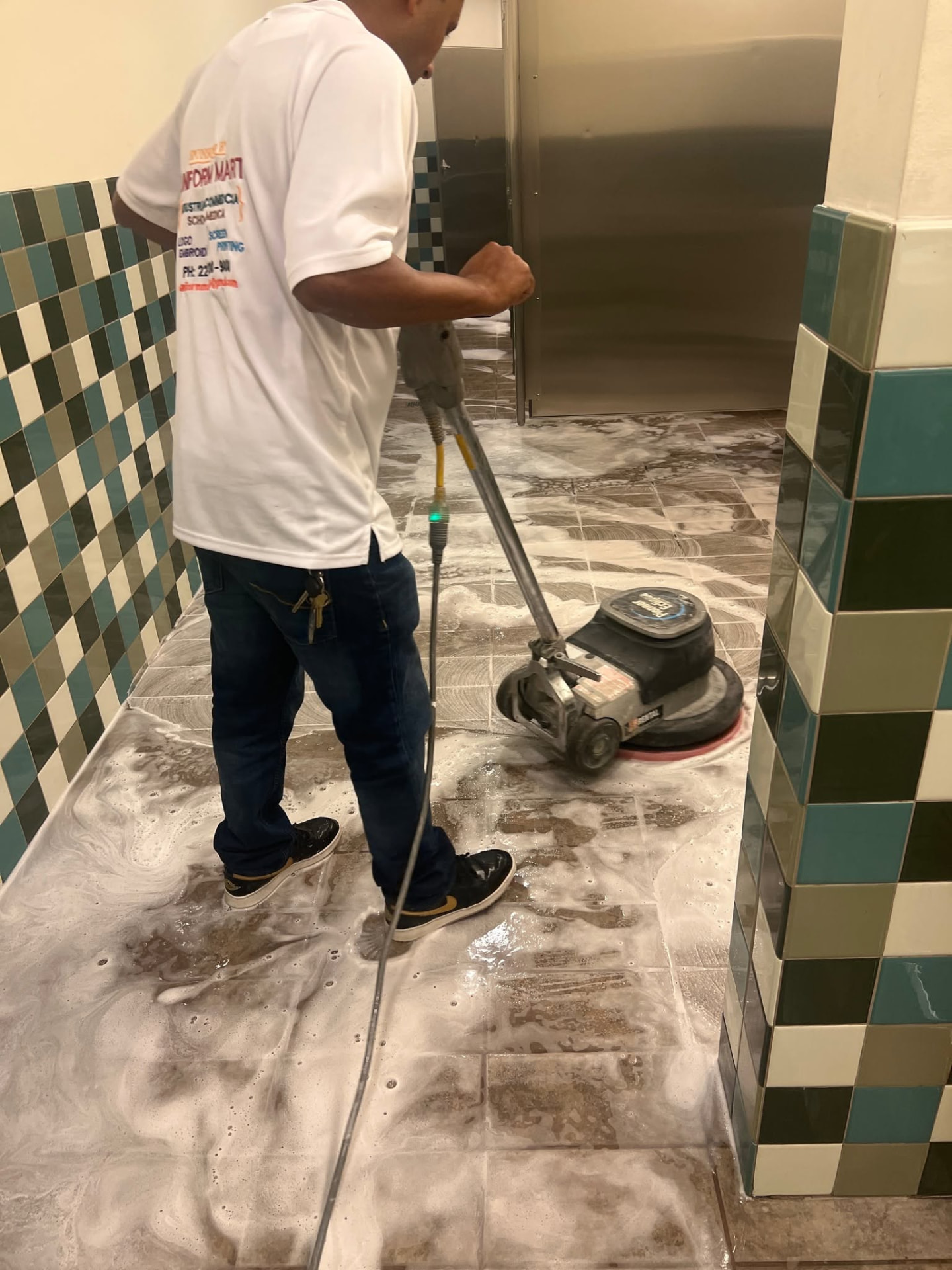 Commercial floor maintenance and buffing of polished lobby flooring